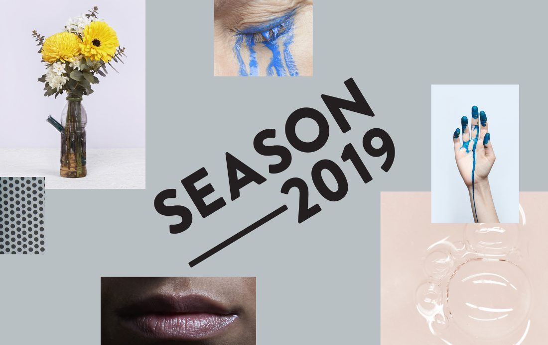 ‘Season 2019’ text with a collage of images and textures on light grey background