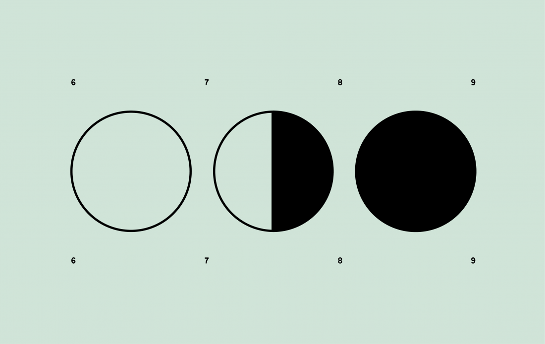 Black circles with small numbers on mint green background