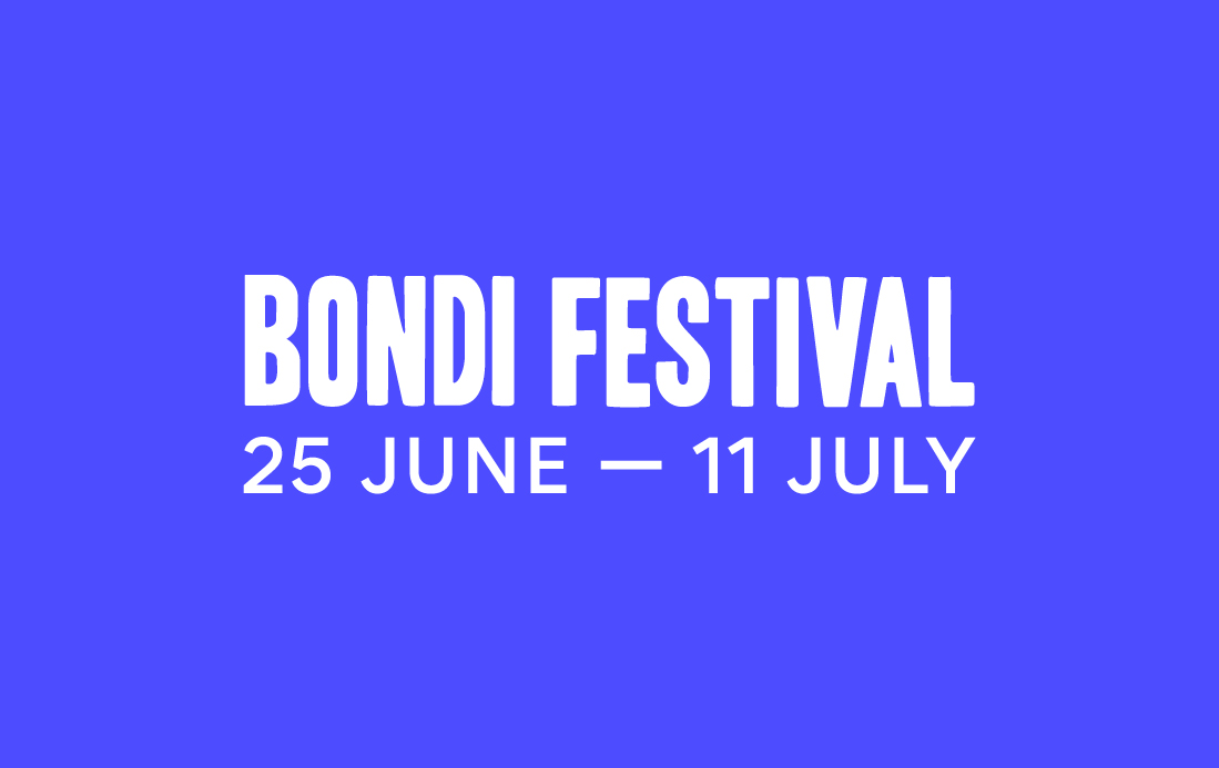 White 'Bondi Festival' logo including dates against a bright blue background.