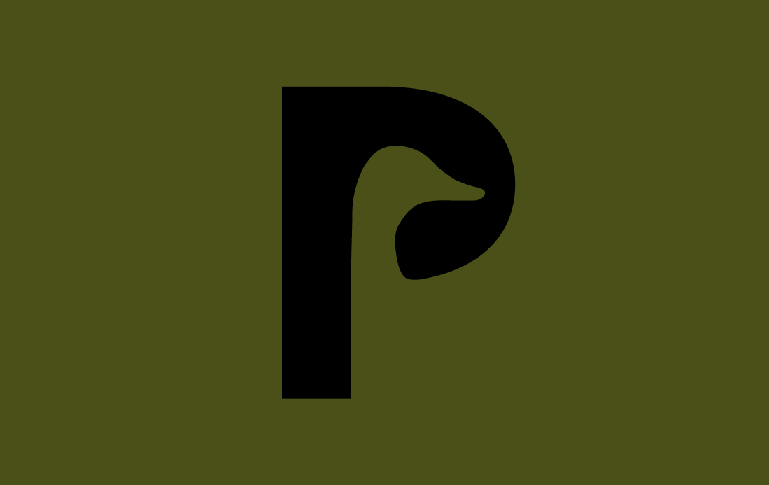 Large black letter 'P' with a duck head visible within the negative space inside the letter. The graphic is against a dark green background.