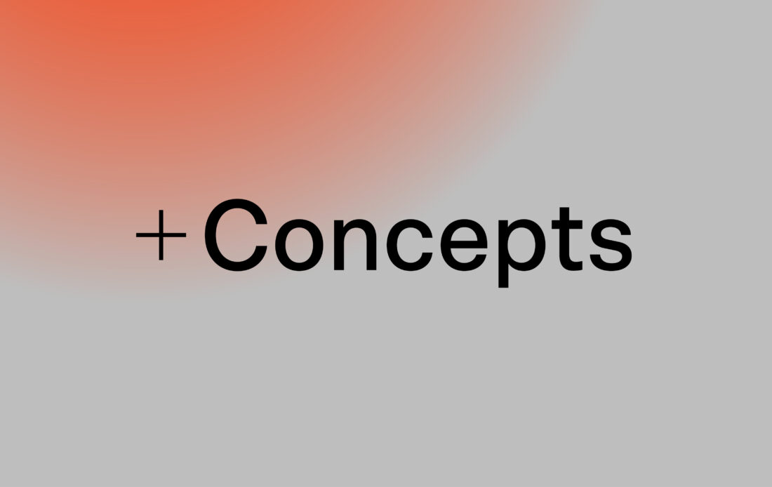 A grey background with a radial gradient of bright orange from the top left corner. In the middle is a black logo that says ‘+Concepts’.