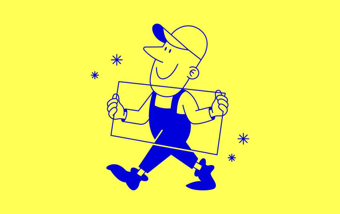 Cobolt blue line Illustration of a happy glass fitter holding a sheet of glass and wearing a cap. Blue stars are floating around him. The illustration is on a bright yellow background.